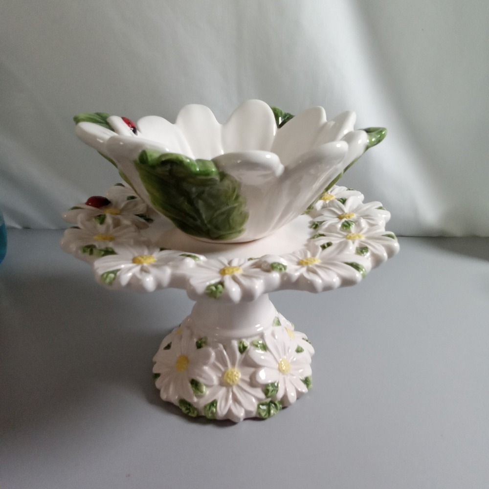 White Ceramic Daisy Flower Pedestal Stand and Bowl Set with Ladybug Accents
